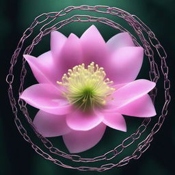 A high-resolution digital art image showcasing a transparent pink flower encircled by metallic chains