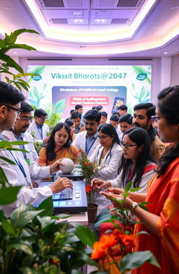 A vibrant, futuristic healthcare conference setting showcasing the integration of ethnobotany and artificial intelligence