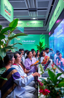 A vibrant, futuristic healthcare conference setting showcasing the integration of ethnobotany and artificial intelligence