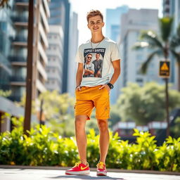 A fashionable young adult wearing stylish summer shorts, standing confidently in an urban environment