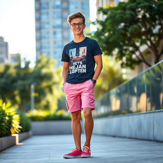 A fashionable young adult wearing stylish summer shorts, standing confidently in an urban environment