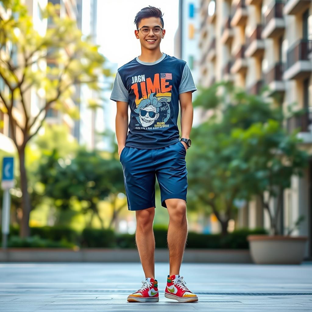 A fashionable young adult wearing stylish summer shorts, standing confidently in an urban environment