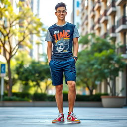 A fashionable young adult wearing stylish summer shorts, standing confidently in an urban environment