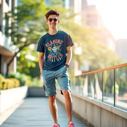 A fashionable young adult wearing stylish summer shorts, standing confidently in an urban environment