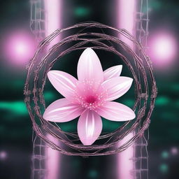 A high-resolution digital art image showcasing a transparent pink flower encircled by metallic chains