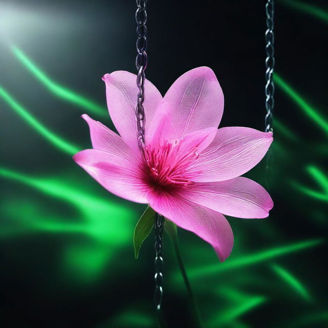 A high-resolution digital art image presents a semi-transparent pink flower, bound by metallic chains