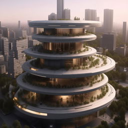 aerial view of futuristic SWAT high-rise headquarters with helipad for in city center in broad daylight based on https://files.dreamhome.software/files/static/36651