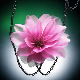 A high-resolution digital art image presents a semi-transparent pink flower, bound by metallic chains