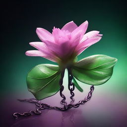 A high-resolution digital art image presents a semi-transparent pink flower, bound by metallic chains