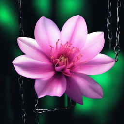 A high-resolution digital art image presents a semi-transparent pink flower, bound by metallic chains