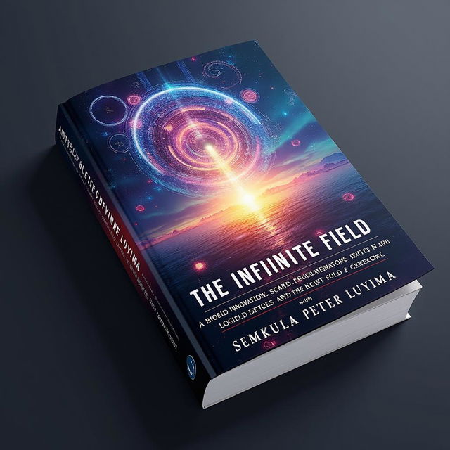 A captivating book cover design for "The Infinite Field: Biofield Innovations, Psychotronic Devices, and the Fourth Law of Logic in the New Age of Inventions" authored by Ssemakula Peter Luyima