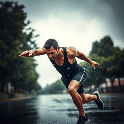 A high-quality image of a man working out outdoors on a rainy day, showcasing determination and resilience