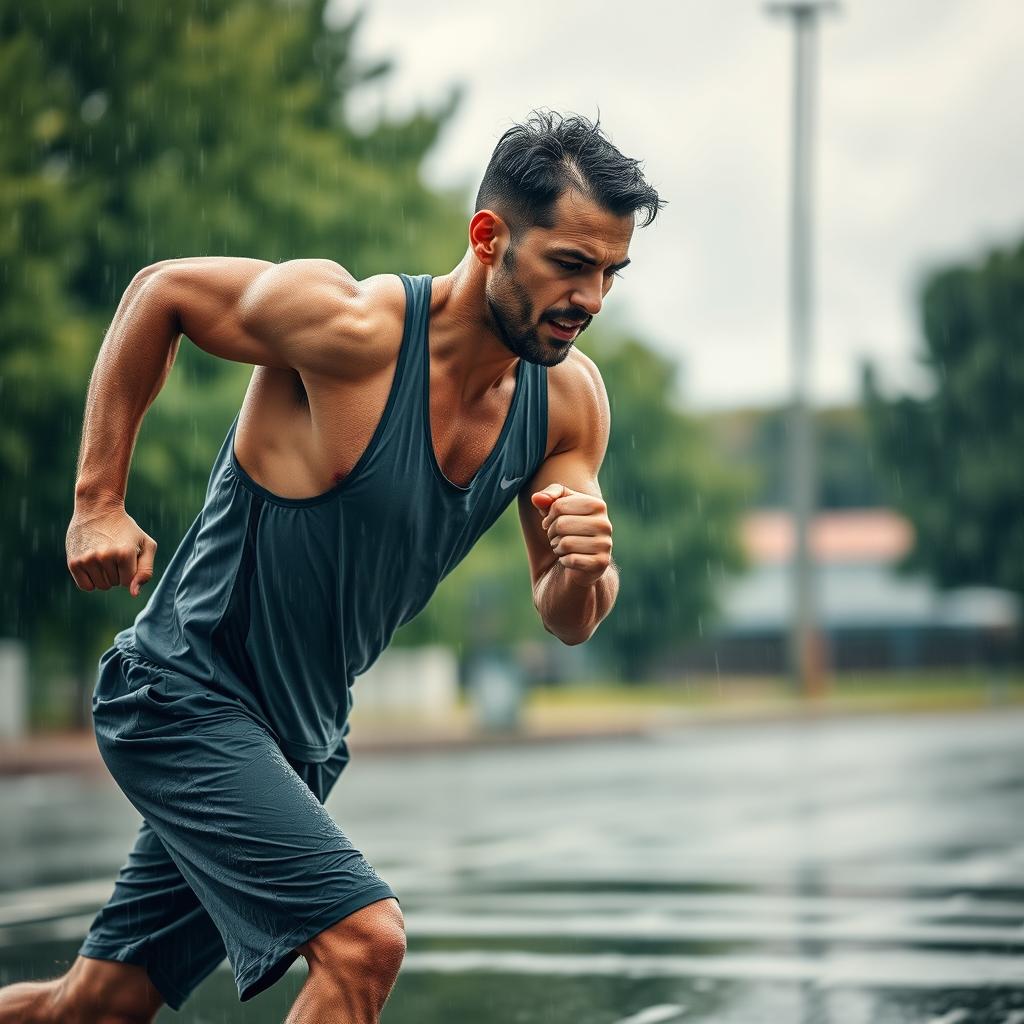 A high-quality image of a man working out outdoors on a rainy day, showcasing determination and resilience