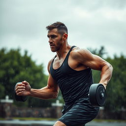 A high-quality image of a man working out outdoors on a rainy day, showcasing determination and resilience