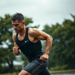A high-quality image of a man working out outdoors on a rainy day, showcasing determination and resilience