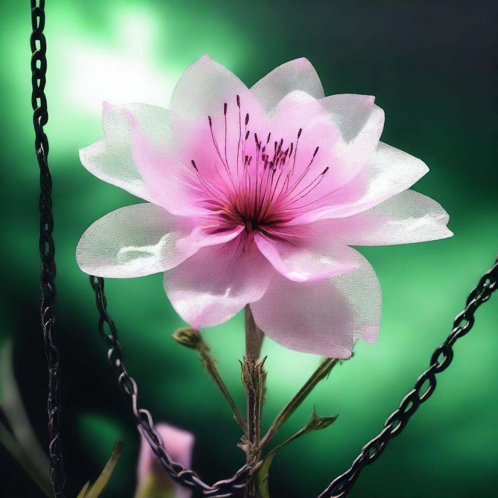 A high-quality digital art image showcases a semi-transparent pink flower with black edges, bound by metallic chains