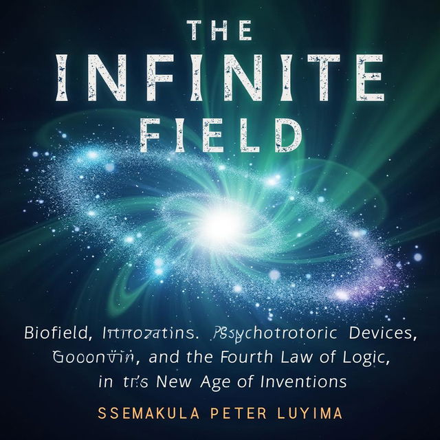 An engaging book cover design for "The Infinite Field: Biofield Innovations, Psychotronic Devices, and the Fourth Law of Logic in the New Age of Inventions" authored by Ssemakula Peter Luyima