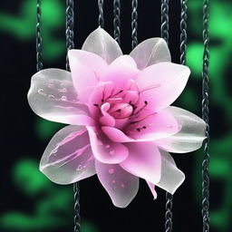 A high-quality digital art image showcases a semi-transparent pink flower with black edges, bound by metallic chains