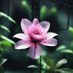 A high-quality digital art image showcases a semi-transparent pink flower with black edges, bound by metallic chains