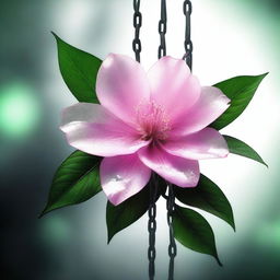 A high-quality digital art image showcases a semi-transparent pink flower with black edges, bound by metallic chains