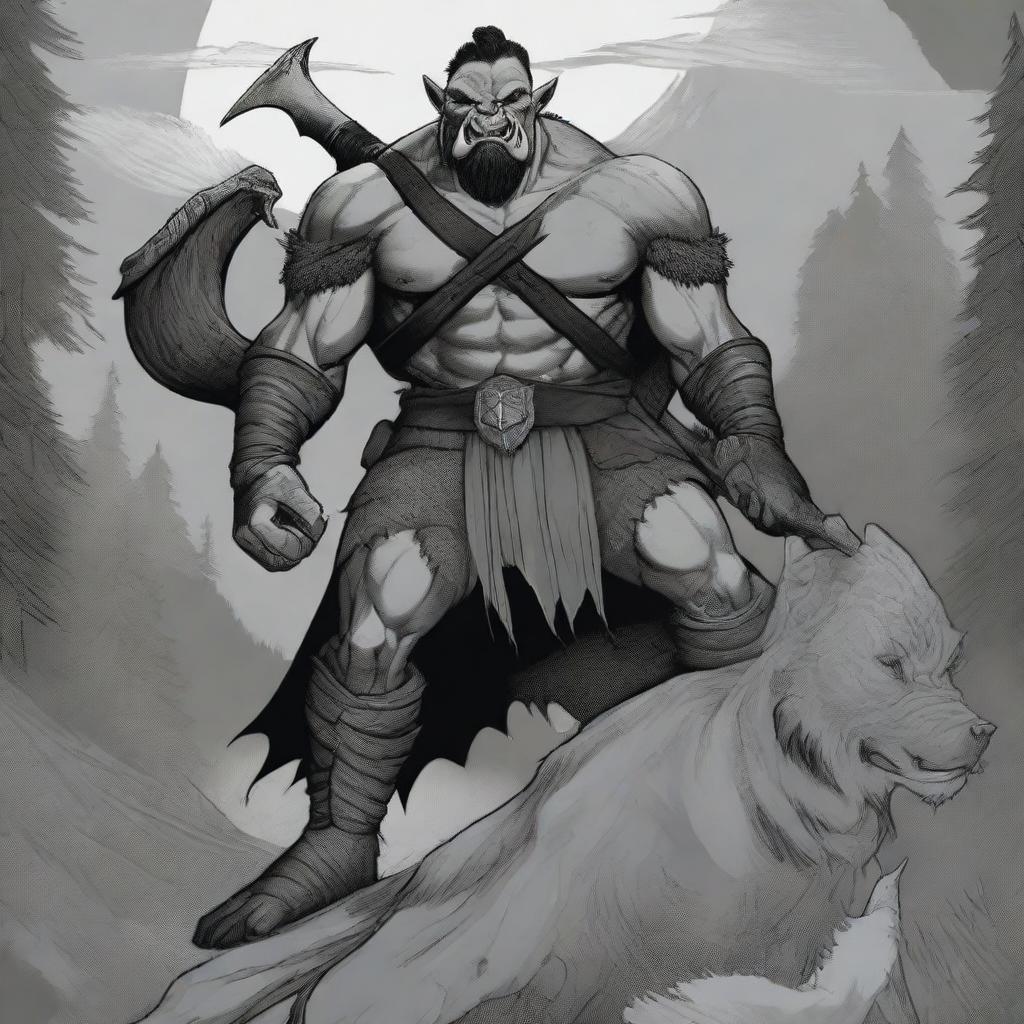 A black and white comic-style illustration of an orc soldier, poised atop a large wolf