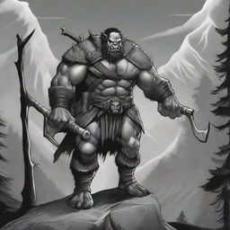 A black and white comic-style illustration of an orc soldier, poised atop a large wolf