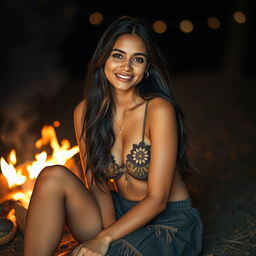 A beautiful Indian woman sitting near a campfire, wearing a stylish short skirt