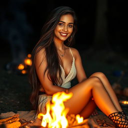 A beautiful Indian woman sitting near a campfire, wearing a stylish short skirt