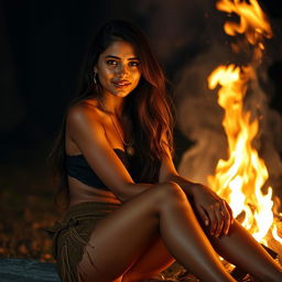A beautiful Indian woman sitting near a campfire, wearing a stylish short skirt