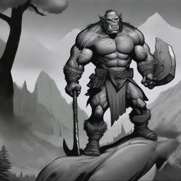 A black and white comic-style illustration of an orc soldier, poised atop a large wolf