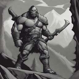 A black and white comic-style illustration of an orc soldier, poised atop a large wolf