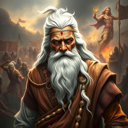 An elderly warrior named Bishma from Indian mythology Mahabharata, depicted with striking white hair and a long white beard