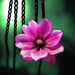 A high-resolution digital art image featuring a semi-transparent pink flower with black edges, bound by metallic chains