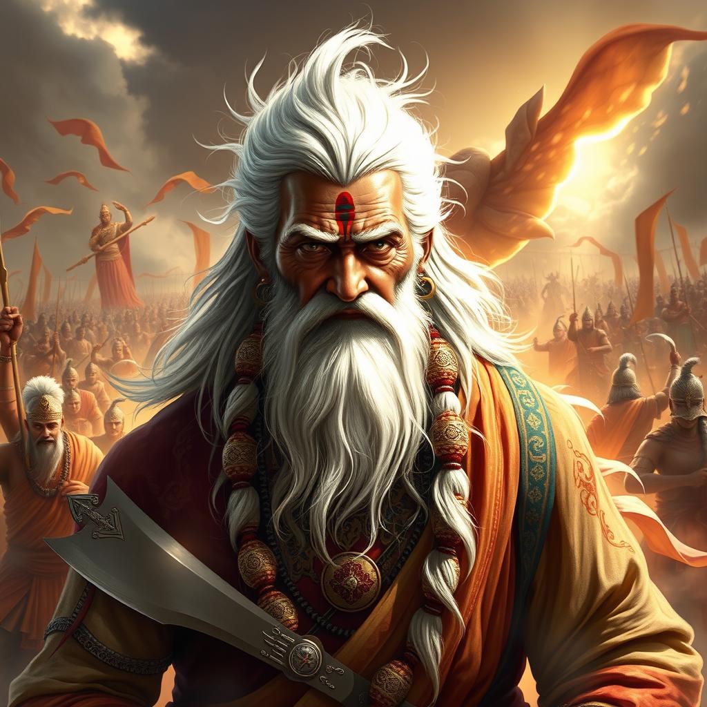 An elderly warrior named Bishma from Indian mythology Mahabharata, depicted with striking white hair and a long white beard