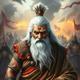 An elderly warrior named Bishma from Indian mythology Mahabharata, depicted with striking white hair and a long white beard
