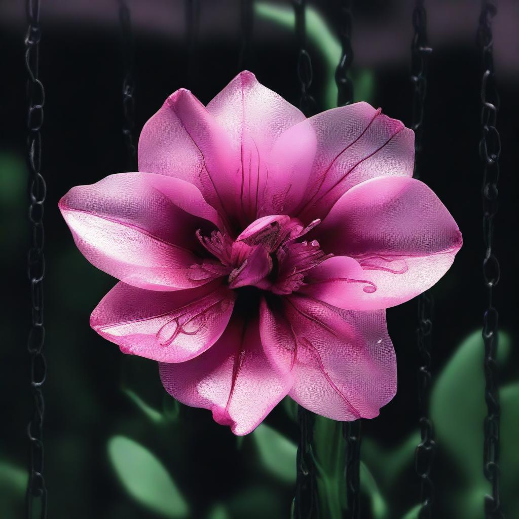 A high-resolution digital art image featuring a semi-transparent pink flower with black edges, bound by metallic chains