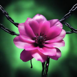 A high-resolution digital art image featuring a semi-transparent pink flower with black edges, bound by metallic chains