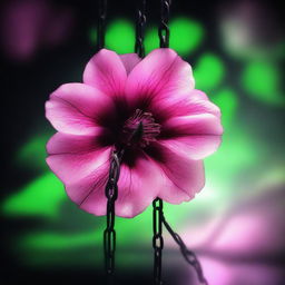 A high-resolution digital art image featuring a semi-transparent pink flower with black edges, bound by metallic chains