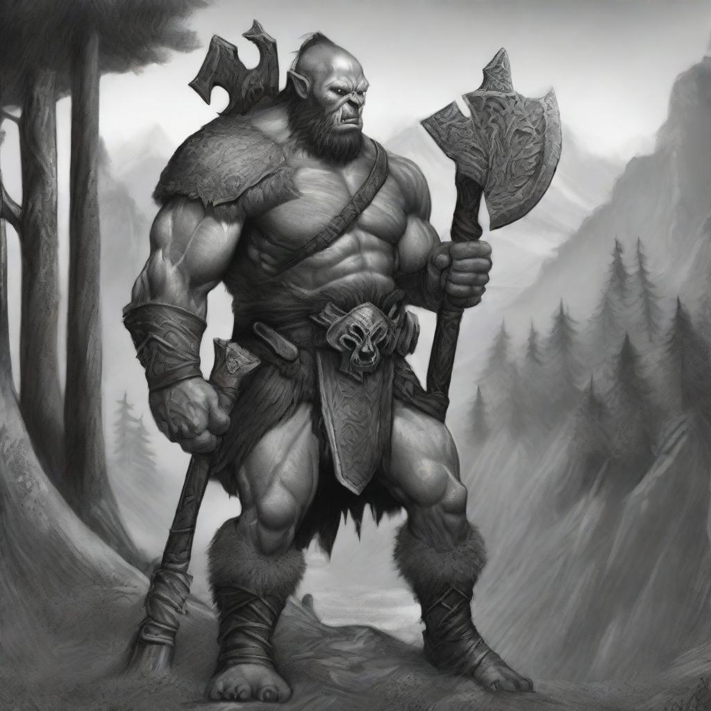 A black and white illustration of an orc soldier holding an axe, executed with detailed line drawing