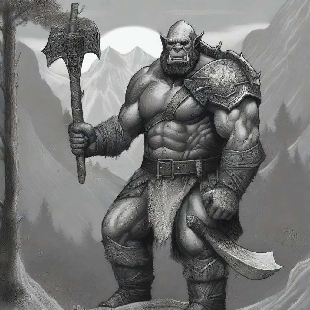 A black and white illustration of an orc soldier holding an axe, executed with detailed line drawing