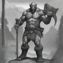 A black and white illustration of an orc soldier holding an axe, executed with detailed line drawing