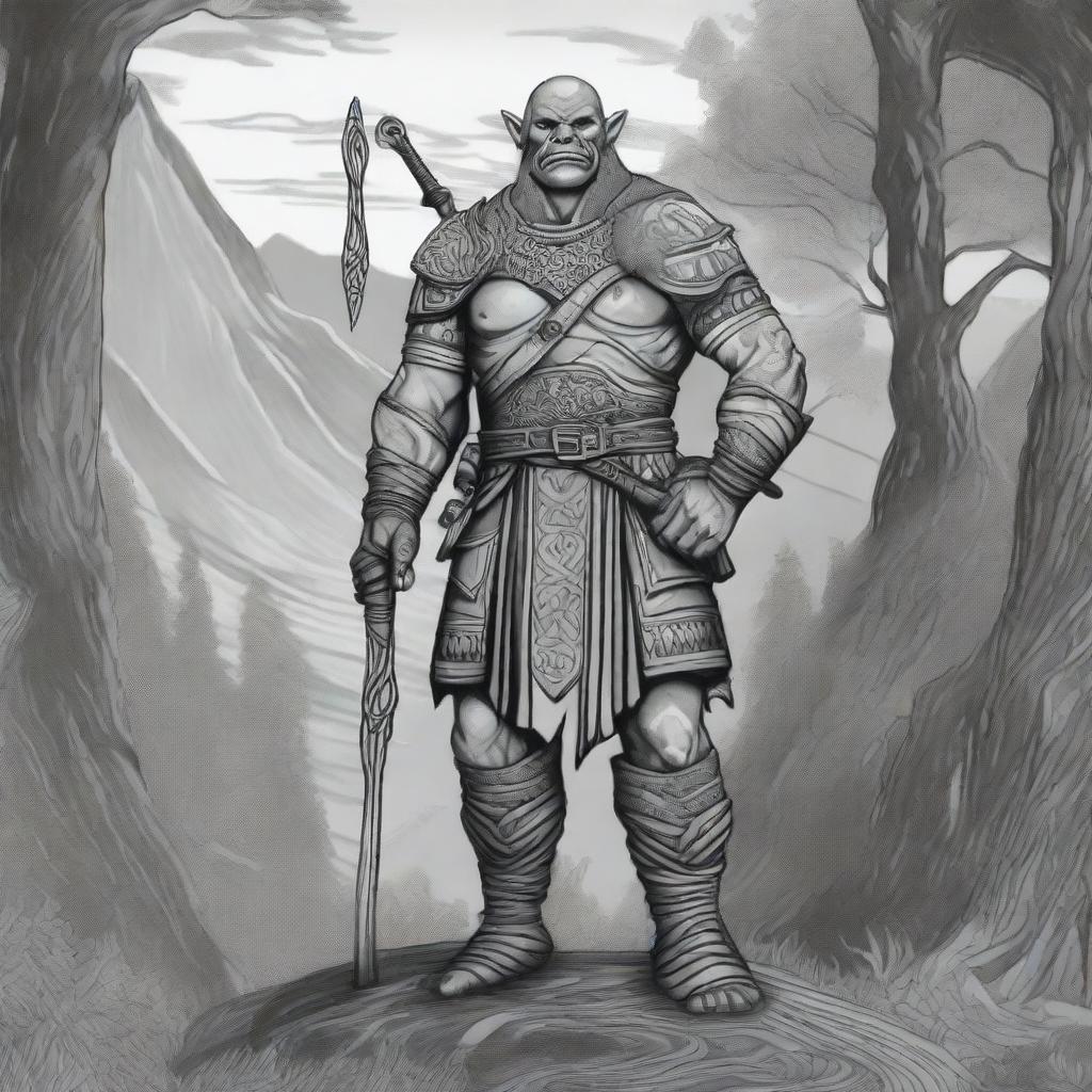 A black and white, Celtic-style line drawing of an orc soldier standing tall