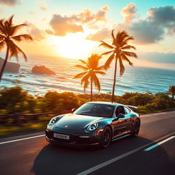 A stunning car driving along a scenic coastal road in Sri Lanka, surrounded by lush greenery and blue ocean waves crashing against the rocks