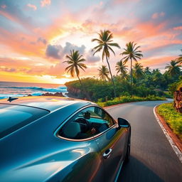 A stunning car driving along a scenic coastal road in Sri Lanka, surrounded by lush greenery and blue ocean waves crashing against the rocks