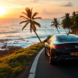 A stunning car driving along a scenic coastal road in Sri Lanka, surrounded by lush greenery and blue ocean waves crashing against the rocks