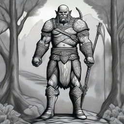 A black and white, Celtic-style line drawing of an orc soldier standing tall