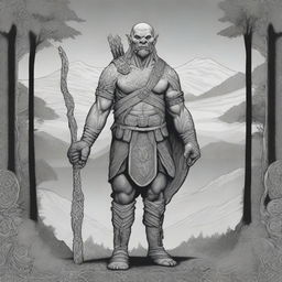 A black and white, Celtic-style line drawing of an orc soldier standing tall