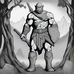 A black and white, Celtic-style line drawing of an orc soldier standing tall