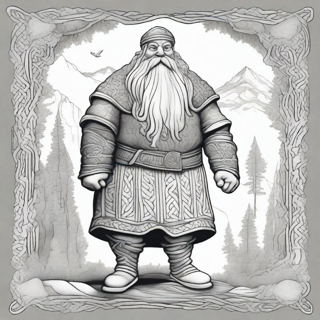 A black and white, Celtic-style line drawing of a medieval fantasy dwarf