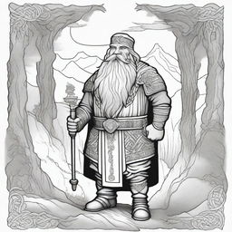 A black and white, Celtic-style line drawing of a medieval fantasy dwarf